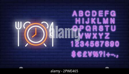 Alarm clock with fork and knife neon sign Stock Vector