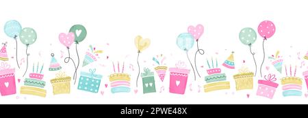 Fun hand drawn party seamless background with cakes, gift boxes, balloons and party decoration. Great for birthday parties, textiles, banners, wallpap Stock Vector