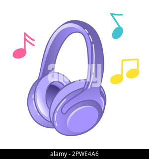 Vector illustration of wireless headphones in cartoon style. Headphone icon and notes Stock Vector