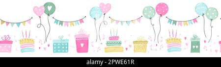 Fun hand drawn party seamless background with cakes, gift boxes, balloons and party decoration. Great for birthday parties, textiles, banners, wallpap Stock Vector