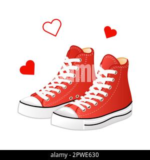 Vector illustration of red high sneakers in cartoon style. Sneakers and hearts icon Stock Vector