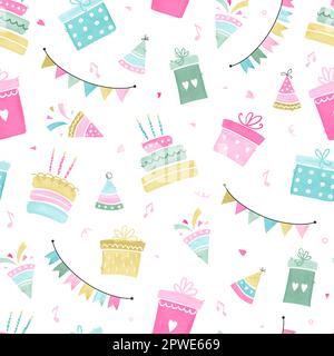 Fun hand drawn party seamless background with cakes, gift boxes, balloons and party decoration. Great for birthday parties, textiles, banners, wallpap Stock Vector