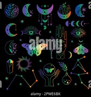 Mystical moon phases neon icons set and woman hands and moth, alchemy esoteric magic space, vector black isolated on black background Stock Vector