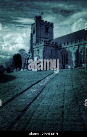 Parish Church of St Laurence in Hawkhurst, Kent, England, UK, first mentioned in 1285 and enlarged in about 1450.  This is a green-toned digital artwork created from an original photograph. Stock Photo