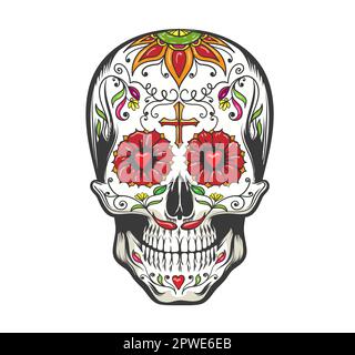 Day of The Dead colorful Sugar Skull with floral ornament isolated on white. Vector illustration Stock Vector