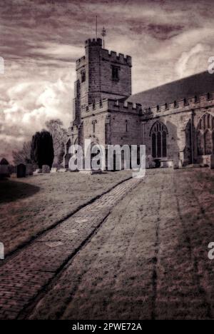 Parish Church of St Laurence in Hawkhurst, Kent, England, UK, first mentioned in 1285 and enlarged in about 1450.  This is a soft-toned digital artwork created from an original photograph. Stock Photo