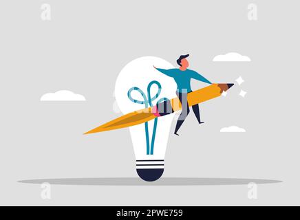 Creation of new ideas. A man flies on a pencil near a light bulb. Inspiration and brilliant ideas in business. Creative thinking of a person at work. Stock Vector