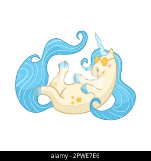 Cute happy unicorn in sunglasses lying cartoon illustration Stock Vector