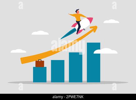 Income growth in business and a man flies on a rocket above the chart up. Rapid sales growth and company development progress. The income of the busin Stock Vector