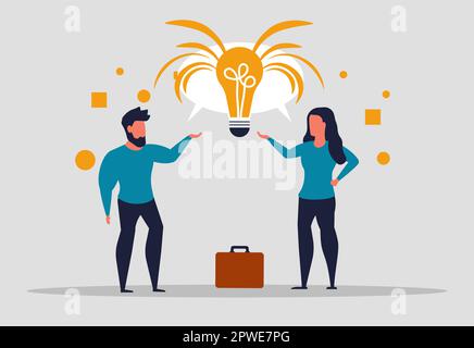 A general idea in a business discussion of a company or team. Brainstorming people and effective solution idea. Man and woman talk about business toge Stock Vector