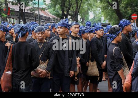 Serang, Indonesia. 29th Apr, 2023. Baduy people participate in a series of Seba Baduy traditional ceremonies in Serang. The Seba Baduy tradition is a series of annual traditions of the Baduy people in conveying their aspirations as well as making friends with the local government and as a form of gratitude for the abundant harvest. (Photo by Angga Budhiyanto/SOPA Images/Sipa USA) Credit: Sipa USA/Alamy Live News Stock Photo