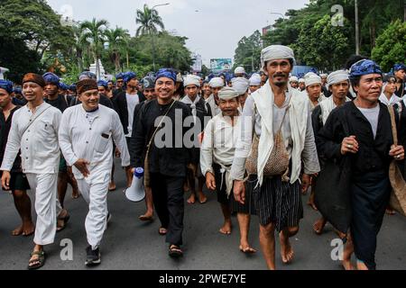 Serang, Indonesia. 29th Apr, 2023. Baduy people participate in a series of Seba Baduy traditional ceremonies in Serang. The Seba Baduy tradition is a series of annual traditions of the Baduy people in conveying their aspirations as well as making friends with the local government and as a form of gratitude for the abundant harvest. (Photo by Angga Budhiyanto/SOPA Images/Sipa USA) Credit: Sipa USA/Alamy Live News Stock Photo