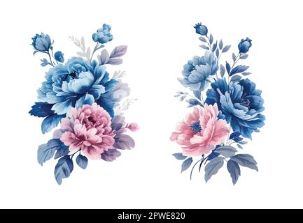 Vintage watercolor blue and pink flowers, isolated and editable vector. Stock Vector