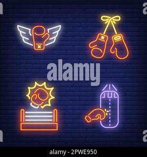 Boxing gloves, punching bag and ring neon signs set Stock Vector