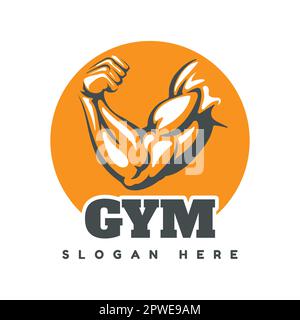Gym Logo with Athletic Muscular Hand and wording GYM isolated on white. Vector illlustration. Stock Vector