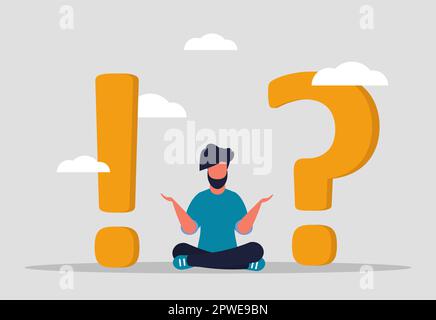 Questions and Answers or Frequently Asked Questions. Discussion solution and brainstorming. A man sits and solves questions and looks for an answer. V Stock Vector