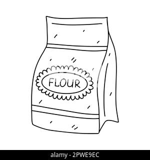 Paper bag with flour in hand drawn doodle style. Vector illustration isolated on white background. Coloring page Stock Vector