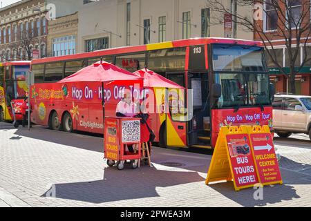 San Antonio, Texas, USA - February 2023: Hop on hop off tourist sightseeing bus parked in the city centre Stock Photo