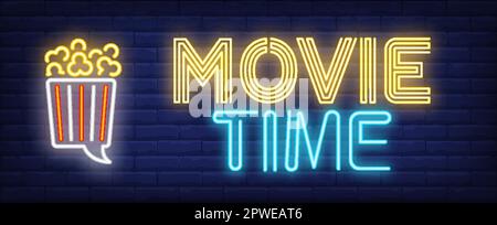 Movie time neon text with popcorn speech bubble Stock Vector