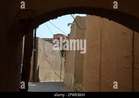 view through an arch to the old town of Yazd with clay walls Stock Photo