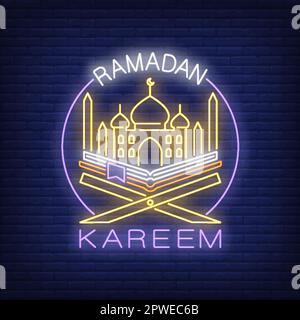 Ramadan Kareem neon text with mosque and Koran in circle Stock Vector