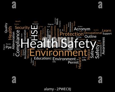 Word cloud background concept for Health Safety Environment (HSE). Business education regulation, safe workplace quality of security equipment permit. Stock Vector