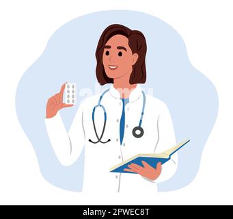 Doctor woman with medicine. A female doctor writes a prescription. Stock Vector