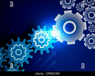 Blue shiny light bulb on digital gear wheels graphic icon connected with real gear cog wheels with rising arrows on blue background. Business strategy Stock Photo