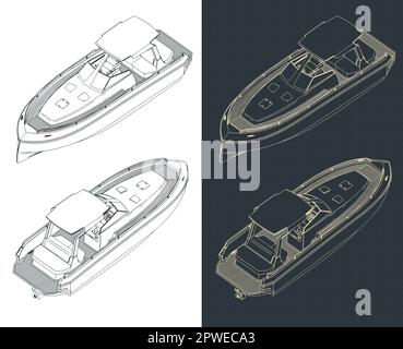 Stylized vector illustration of isometric blueprints of speedboat Stock Vector