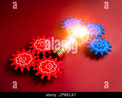 Shiny light bulb with polygon link inside connected between blue with solution, words and red, problem, text on gear wheels on blue background. Busine Stock Photo