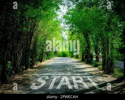 Word 'START', new beginning concept. Text written on the local concrete road in the middle surround with green bamboo forest. Concept of planning, goa Stock Photo