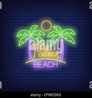 Palms, beach neon text with sun Stock Vector