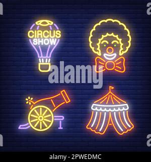 Circus tent, cannon, clown and hot air balloon neon signs set Stock Vector