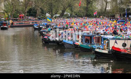 London, UK. 30th Apr, 2023. Narrowboats, barges and canal boats once again take part in the IWA Canalway Cavalcade festival in Little Venice Organised by the Inland Waterways Association (IWA), IWA Canalway Cavalcade has its 40th anniversary this year, celebrating boat life on the waterways with a boat pageant, music, stalls and family entertainment along the Grand Union Canal. Credit: Imageplotter/Alamy Live News Stock Photo