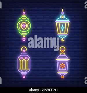 Oriental lanterns neon signs set Stock Vector