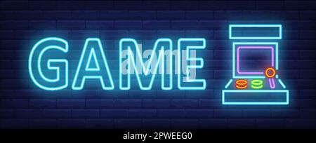 Game neon text with retro arcade game machine Stock Vector