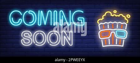Coming soon neon text with popcorn bucket with 3d glasses Stock Vector