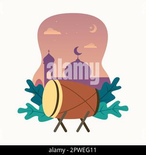 Flat Illustration of Bedug Drum with Silhouette of Mosque Isolated on a white background. Stock Vector
