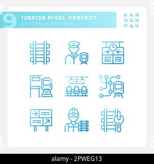 Railroad industry pixel perfect gradient linear vector icons set Stock Vector