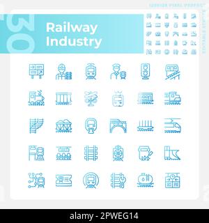 Railway industry pixel perfect gradient linear vector icons set Stock Vector