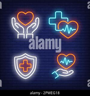 Hearts, crosses and cardiograms neon signs set Stock Vector