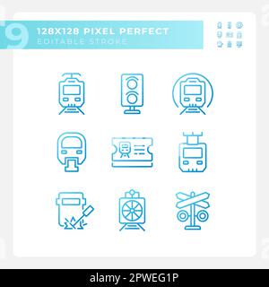 Railroad company pixel perfect gradient linear vector icons set Stock Vector