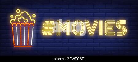 Movies neon text with hashtag and popcorn bucket Stock Vector