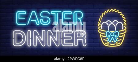 Easter dinner neon sign. Decorated basket with eggs Stock Vector