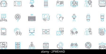 Audio podcast linear icons set. Entertainment, News, Interviews, Storytelling, Education, Technology, Sports line vector and concept signs. Music,Talk Stock Vector