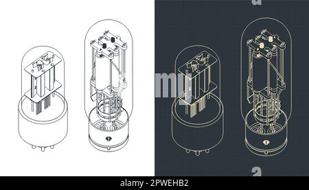 Stylized vector illustration of isometric blueprints of vacuum tubes Stock Vector