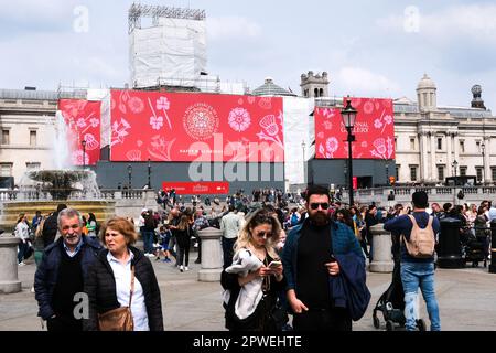 London, UK. 30th April 2023. Coronation of King Charles III. banner on the National Gallery, Trafalgar Square. Credit: Matthew Chattle/Alamy Live News Stock Photo