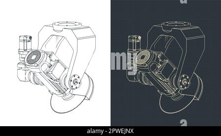 Stylized vector illustration of blueprints of CNC Saw Head Stock Vector