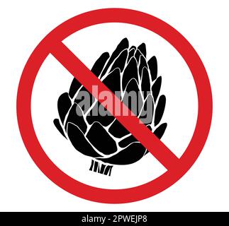 Vector prohibited sign with black silhouette of artichoke isolated from background. Red forbidden sticker with cabbage. Allergy danger. Dont pick up Stock Vector