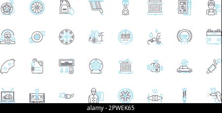 Auto Repair linear icons set. Maintenance, Diagnostics, Brakes, Engine, Transmission, Suspension, Exhaust line vector and concept signs. Battery Stock Vector